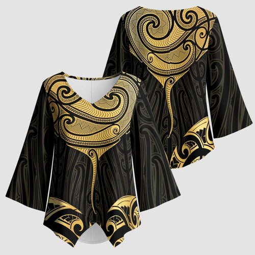 Gold Black New Zealand Manta Ray Kimono Sleeve Blouse Aotearoa Maori Haehae - Aussie Hoodie