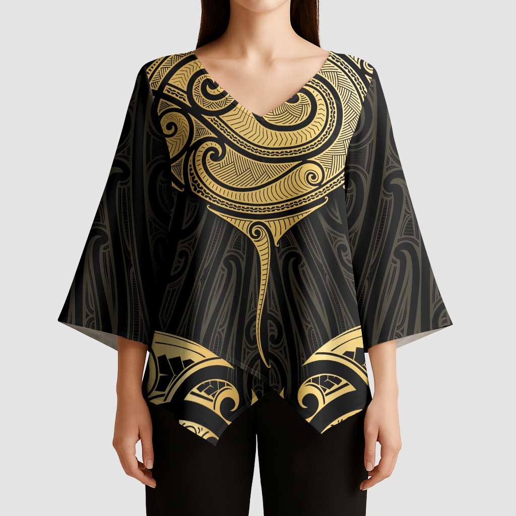 Gold Black New Zealand Manta Ray Kimono Sleeve Blouse Aotearoa Maori Haehae - Aussie Hoodie