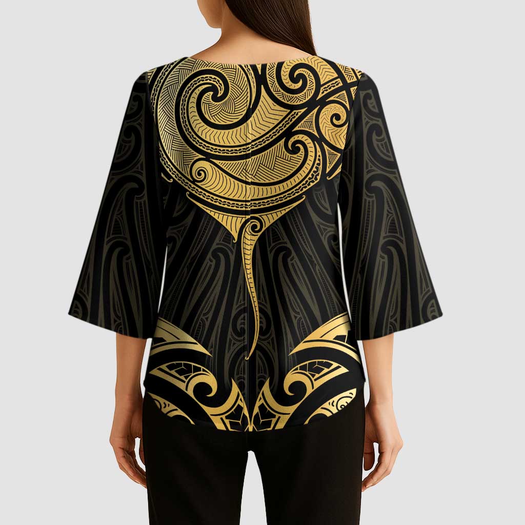 Gold Black New Zealand Manta Ray Kimono Sleeve Blouse Aotearoa Maori Haehae - Aussie Hoodie