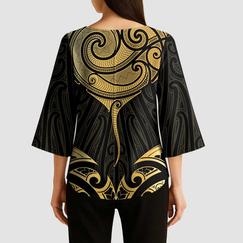 Gold Black New Zealand Manta Ray Kimono Sleeve Blouse Aotearoa Maori Haehae - Aussie Hoodie