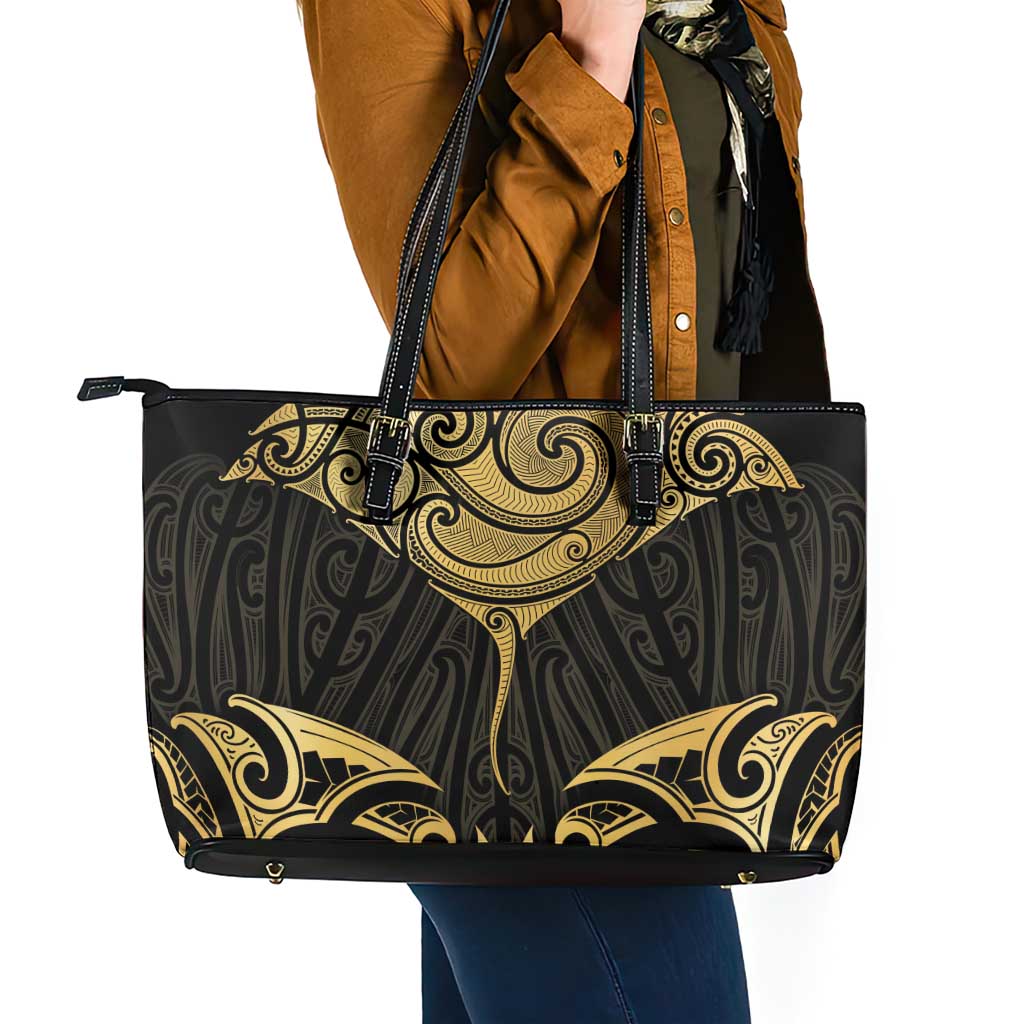 Gold Black New Zealand Manta Ray Leather Tote Bag Aotearoa Maori Haehae - Aussie Hoodie