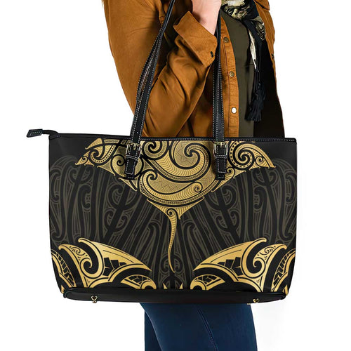Gold Black New Zealand Manta Ray Leather Tote Bag Aotearoa Maori Haehae - Aussie Hoodie