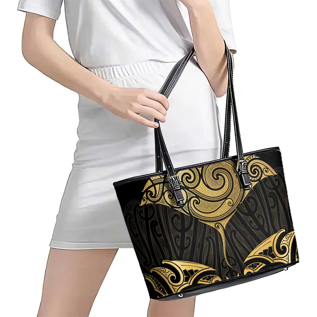 Gold Black New Zealand Manta Ray Leather Tote Bag Aotearoa Maori Haehae - Aussie Hoodie