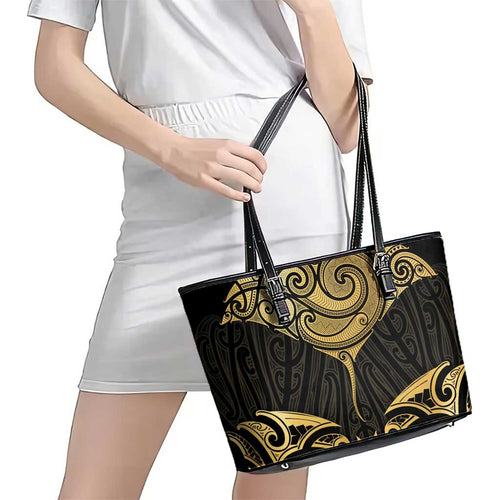 Gold Black New Zealand Manta Ray Leather Tote Bag Aotearoa Maori Haehae - Aussie Hoodie