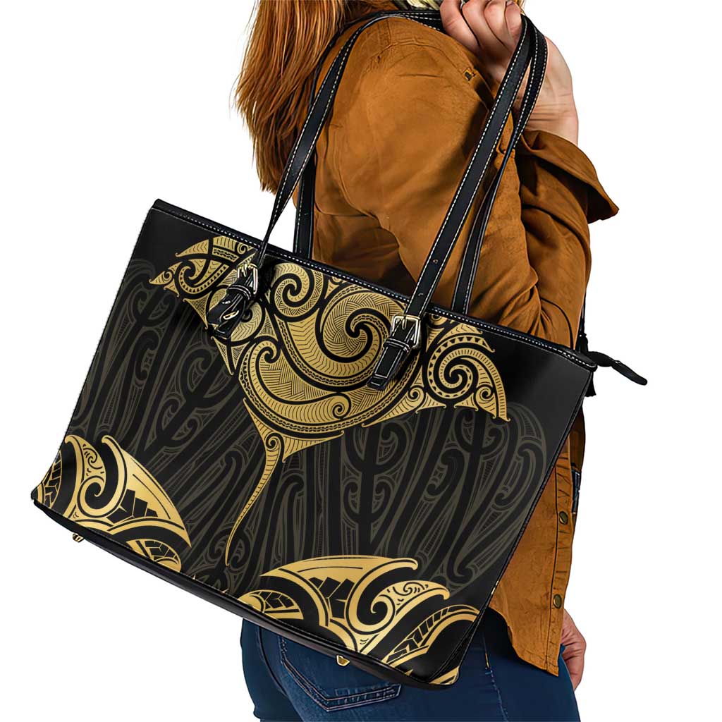 Gold Black New Zealand Manta Ray Leather Tote Bag Aotearoa Maori Haehae - Aussie Hoodie