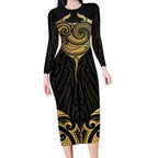 Gold Black New Zealand Manta Ray Long Sleeve Bodycon Dress Aotearoa Maori Haehae - Aussie Hoodie