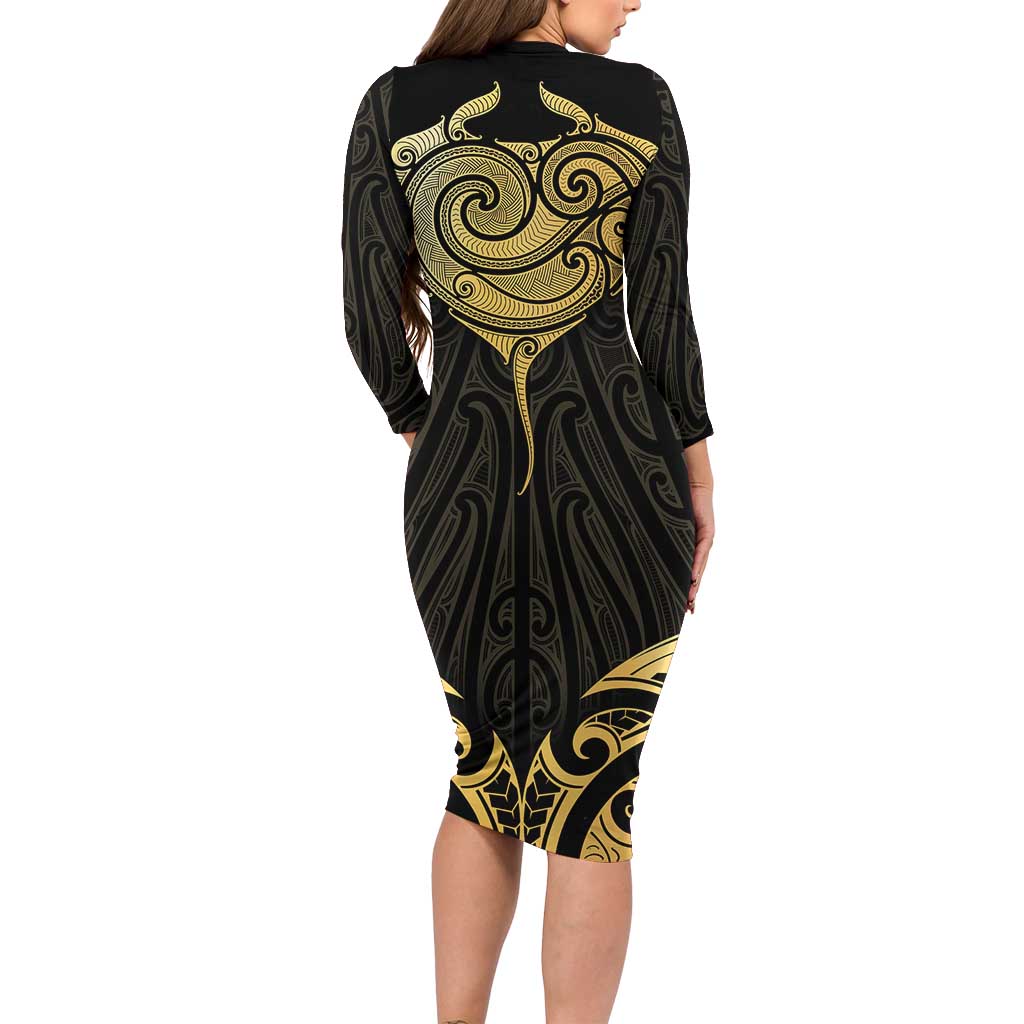 Gold Black New Zealand Manta Ray Long Sleeve Bodycon Dress Aotearoa Maori Haehae - Aussie Hoodie