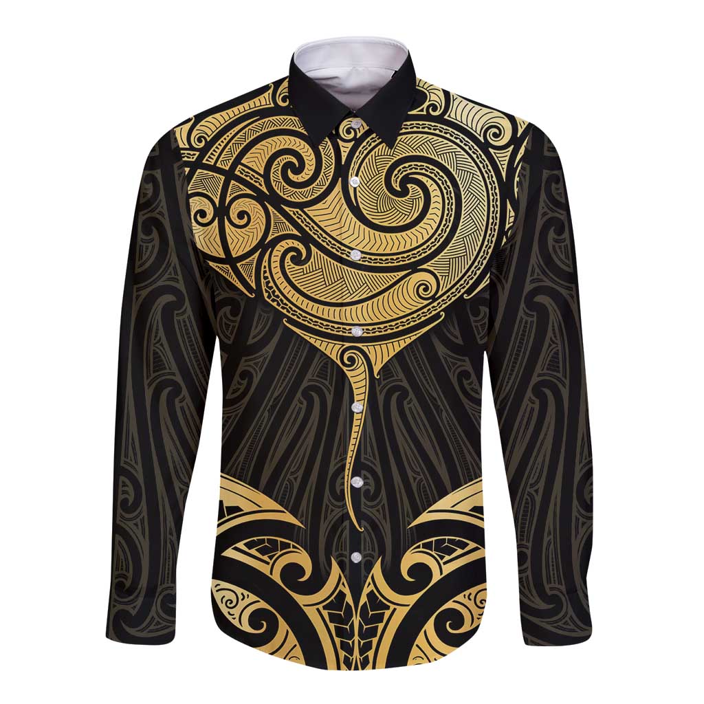 Gold Black New Zealand Manta Ray Long Sleeve Button Shirt Aotearoa Maori Haehae - Aussie Hoodie