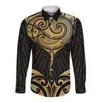Gold Black New Zealand Manta Ray Long Sleeve Button Shirt Aotearoa Maori Haehae - Aussie Hoodie
