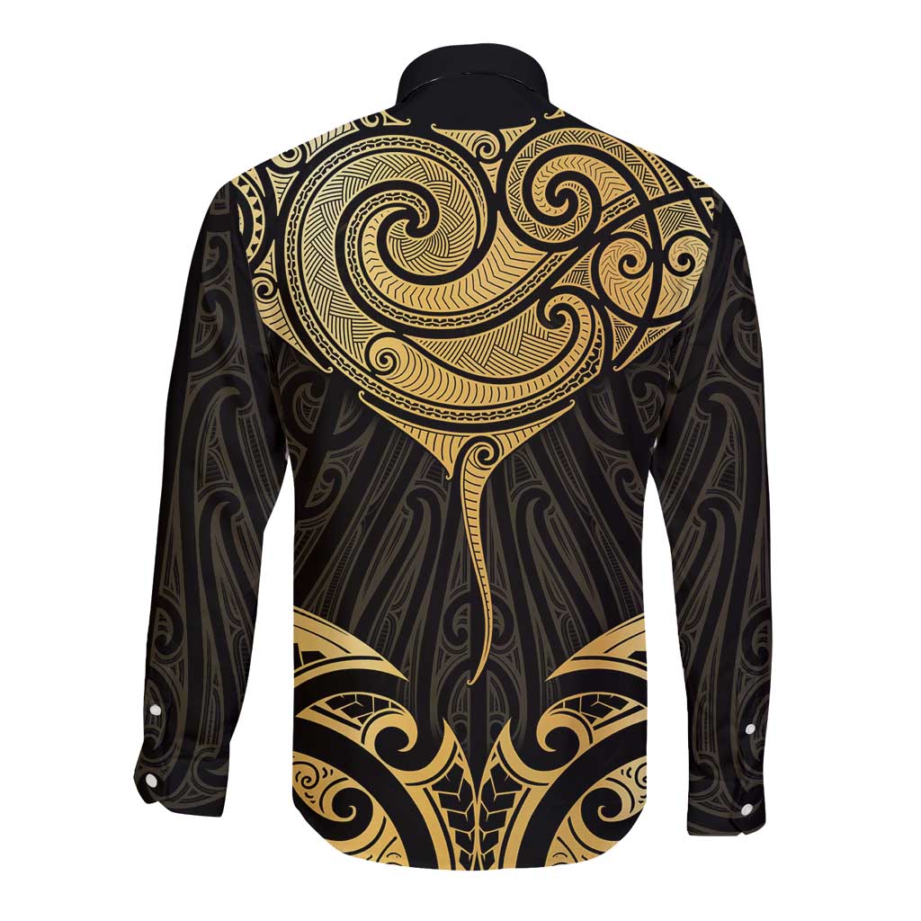 Gold Black New Zealand Manta Ray Long Sleeve Button Shirt Aotearoa Maori Haehae - Aussie Hoodie