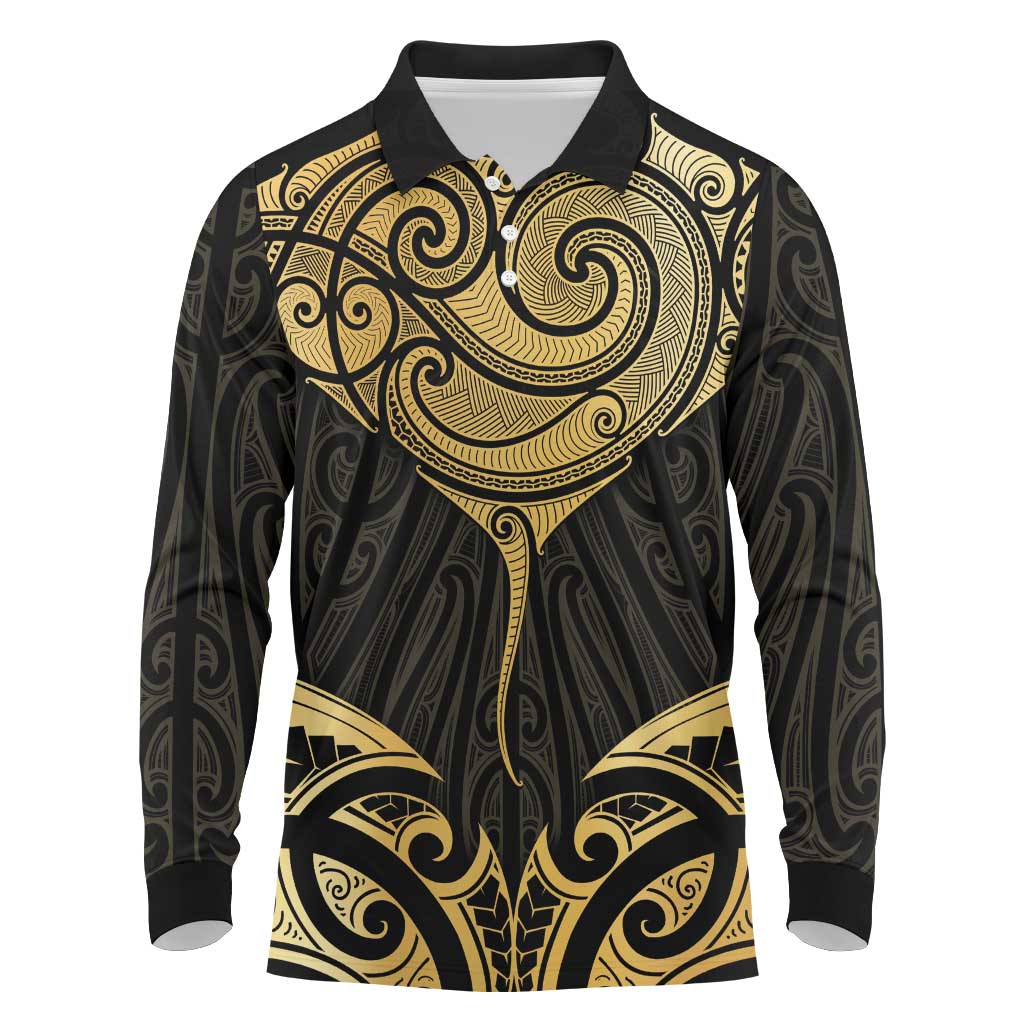 Gold Black New Zealand Manta Ray Long Sleeve Polo Shirt Aotearoa Maori Haehae - Aussie Hoodie