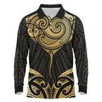 Gold Black New Zealand Manta Ray Long Sleeve Polo Shirt Aotearoa Maori Haehae - Aussie Hoodie