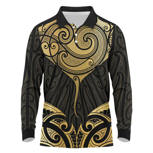 Gold Black New Zealand Manta Ray Long Sleeve Polo Shirt Aotearoa Maori Haehae - Aussie Hoodie