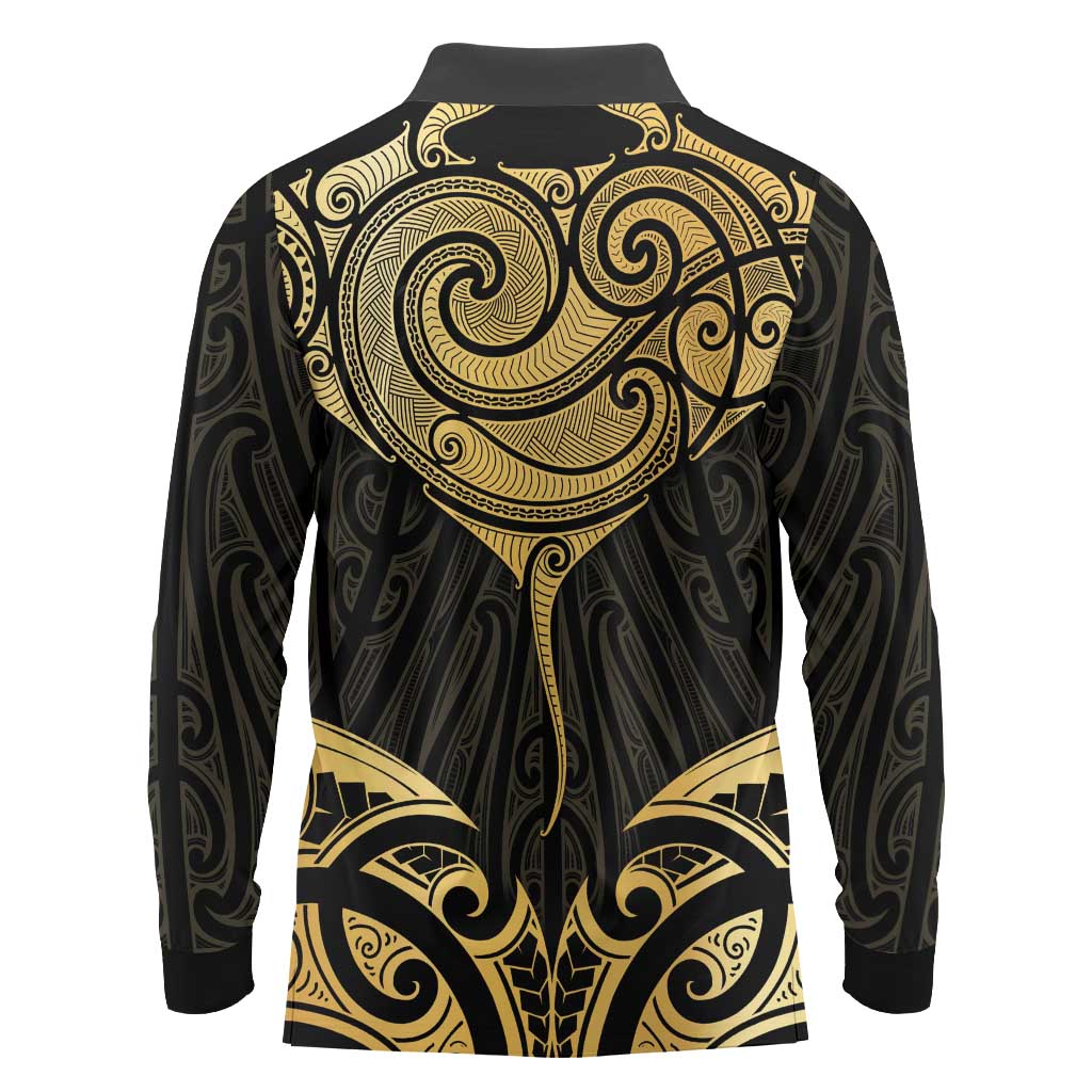 Gold Black New Zealand Manta Ray Long Sleeve Polo Shirt Aotearoa Maori Haehae - Aussie Hoodie