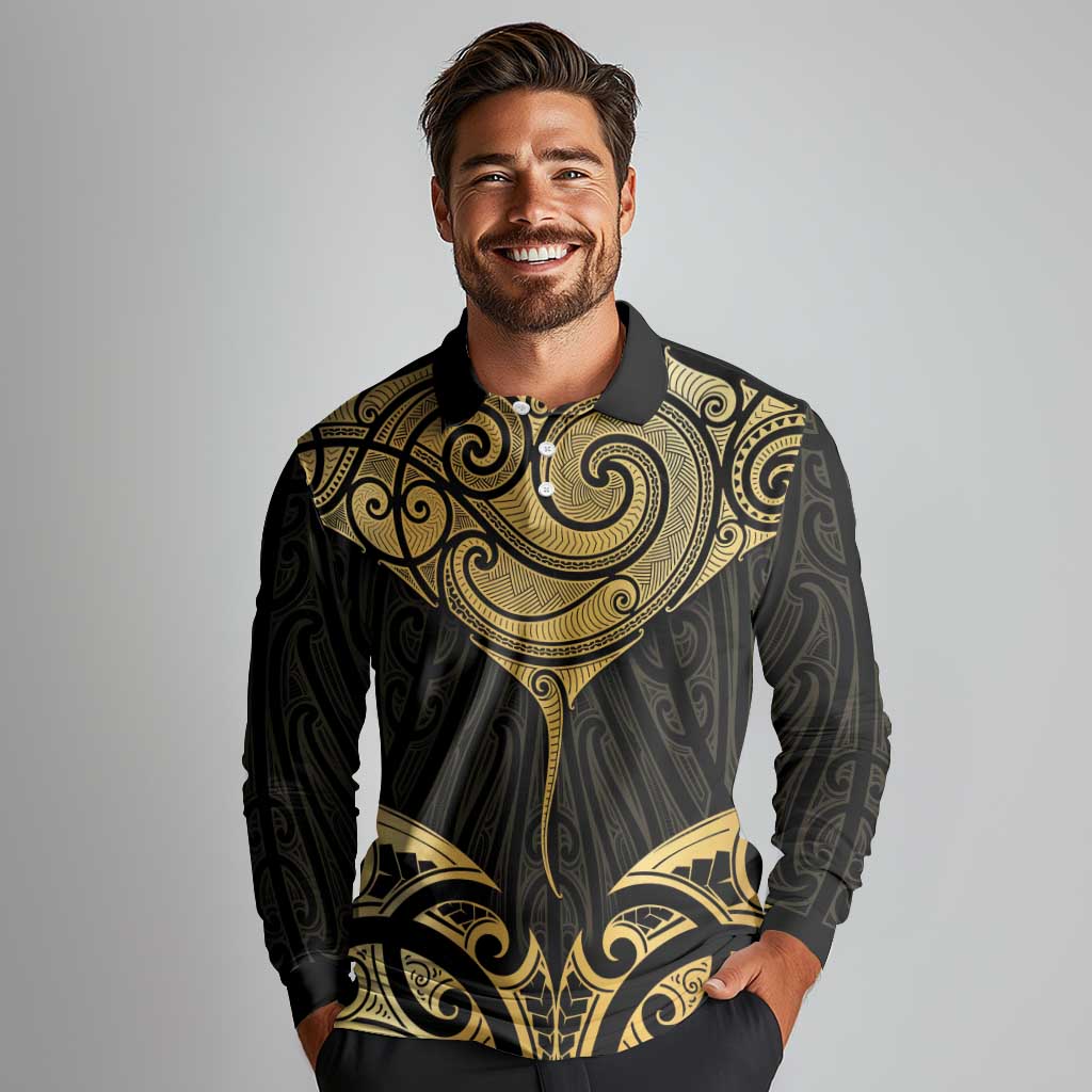 Gold Black New Zealand Manta Ray Long Sleeve Polo Shirt Aotearoa Maori Haehae - Aussie Hoodie