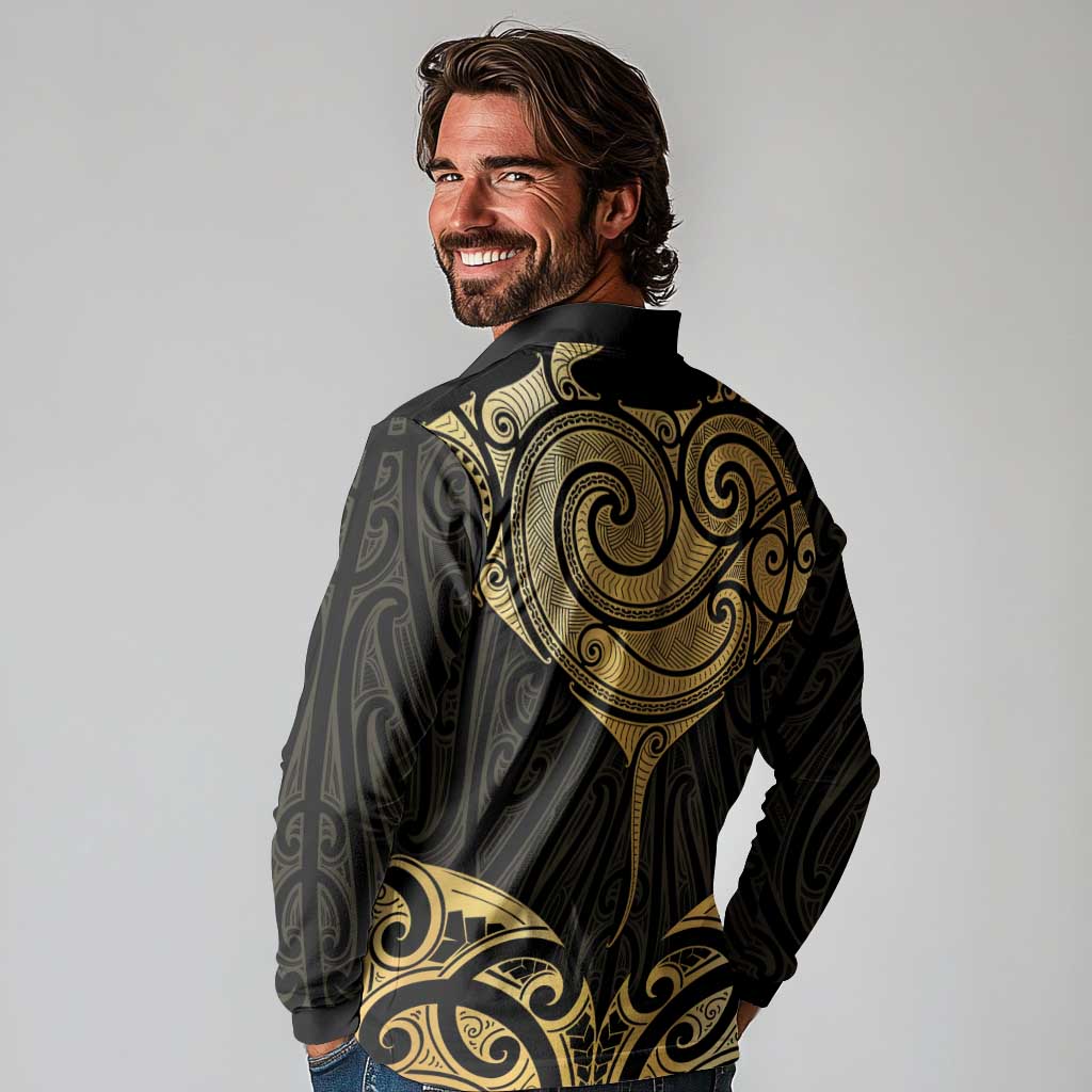 Gold Black New Zealand Manta Ray Long Sleeve Polo Shirt Aotearoa Maori Haehae - Aussie Hoodie