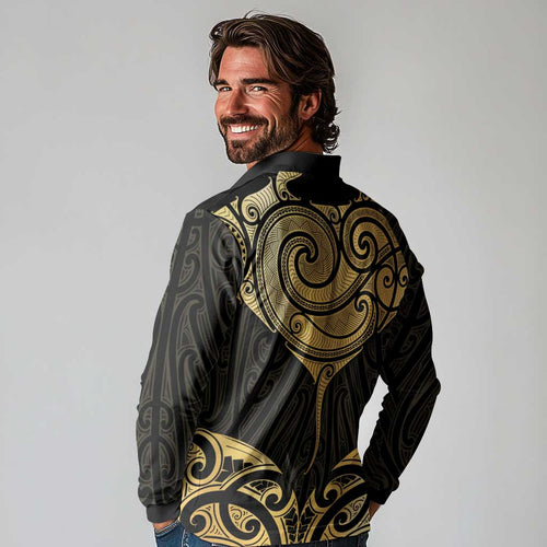 Gold Black New Zealand Manta Ray Long Sleeve Polo Shirt Aotearoa Maori Haehae - Aussie Hoodie