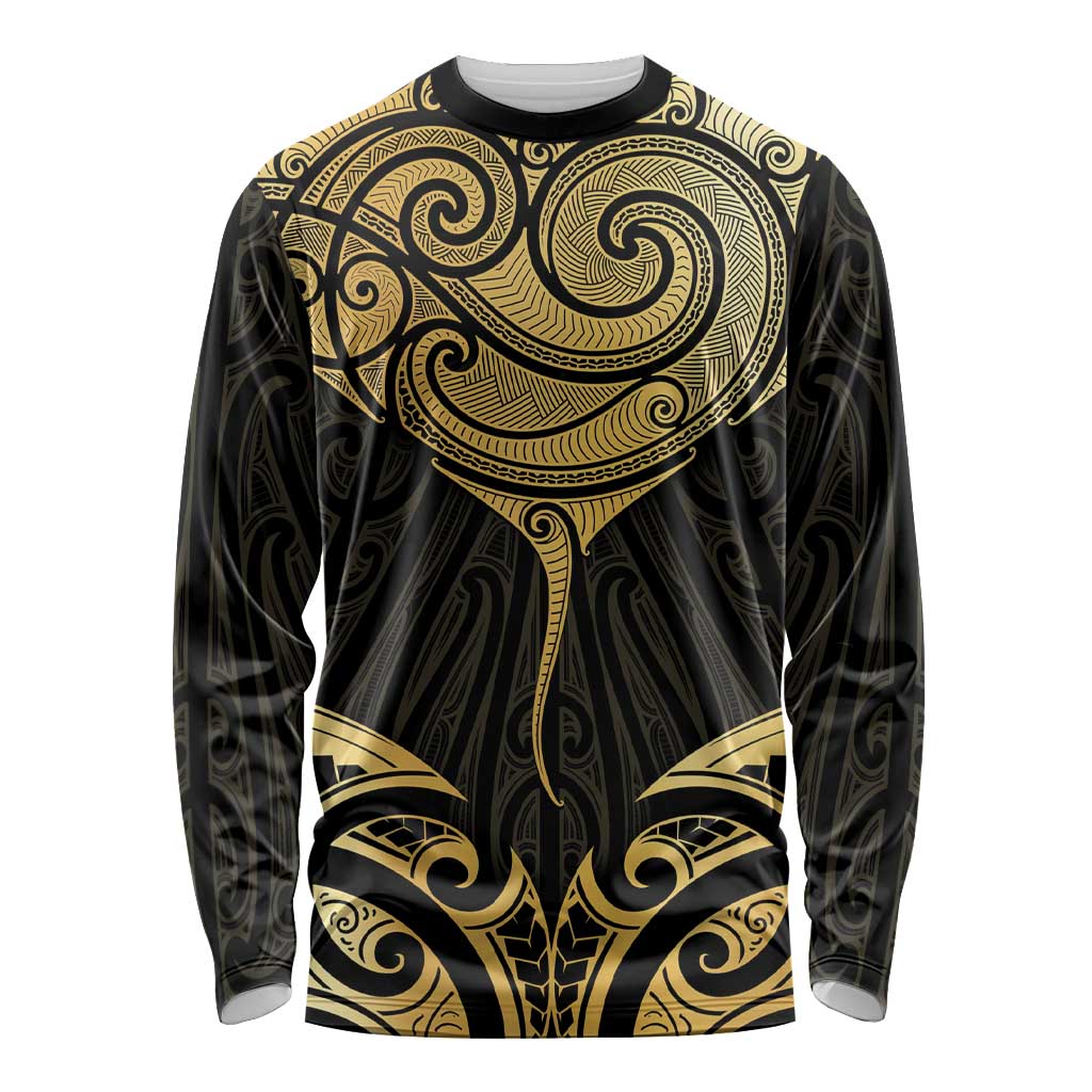 Gold Black New Zealand Manta Ray Long Sleeve Shirt Aotearoa Maori Haehae - Aussie Hoodie
