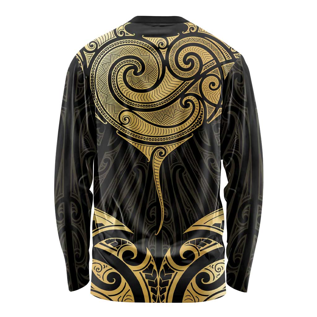 Gold Black New Zealand Manta Ray Long Sleeve Shirt Aotearoa Maori Haehae - Aussie Hoodie