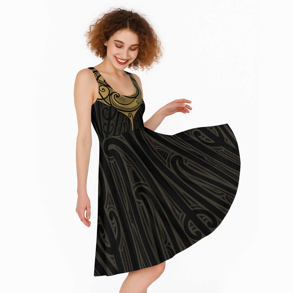 Gold Black New Zealand Manta Ray Midi Dress Aotearoa Maori Haehae - Aussie Hoodie