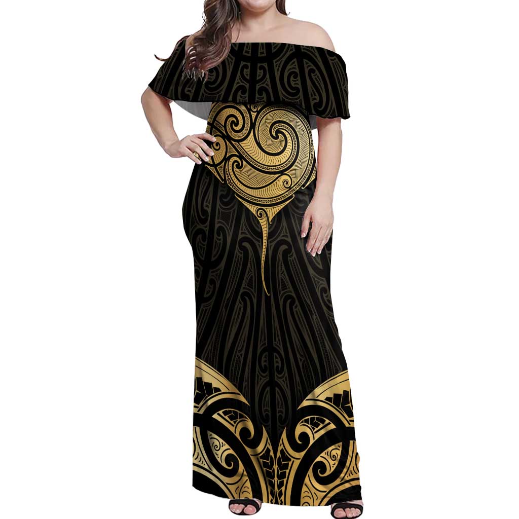 Gold Black New Zealand Manta Ray Off Shoulder Maxi Dress Aotearoa Maori Haehae - Aussie Hoodie
