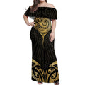 Gold Black New Zealand Manta Ray Off Shoulder Maxi Dress Aotearoa Maori Haehae - Aussie Hoodie