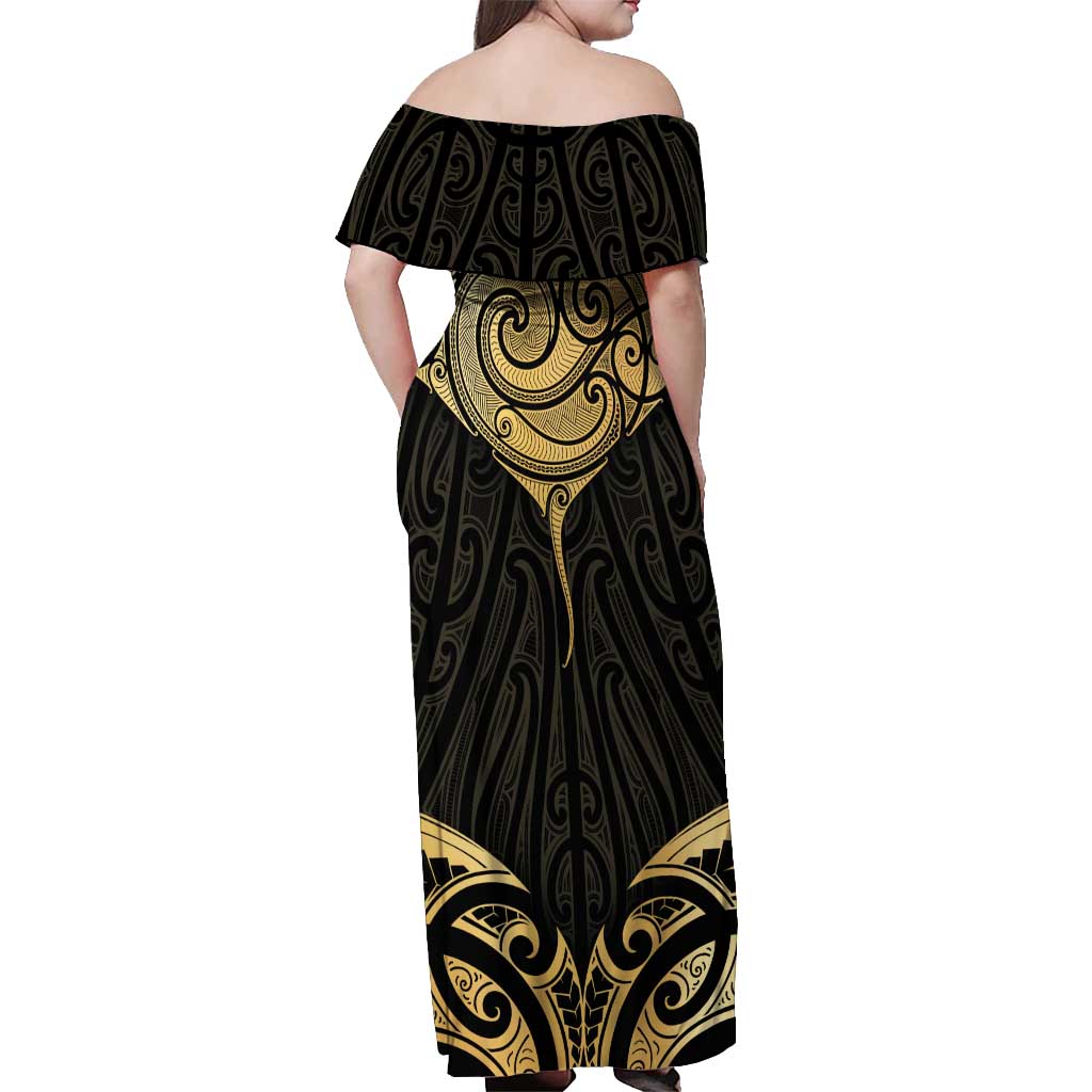 Gold Black New Zealand Manta Ray Off Shoulder Maxi Dress Aotearoa Maori Haehae - Aussie Hoodie