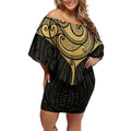 Gold Black New Zealand Manta Ray Off Shoulder Short Dress Aotearoa Maori Haehae - Aussie Hoodie