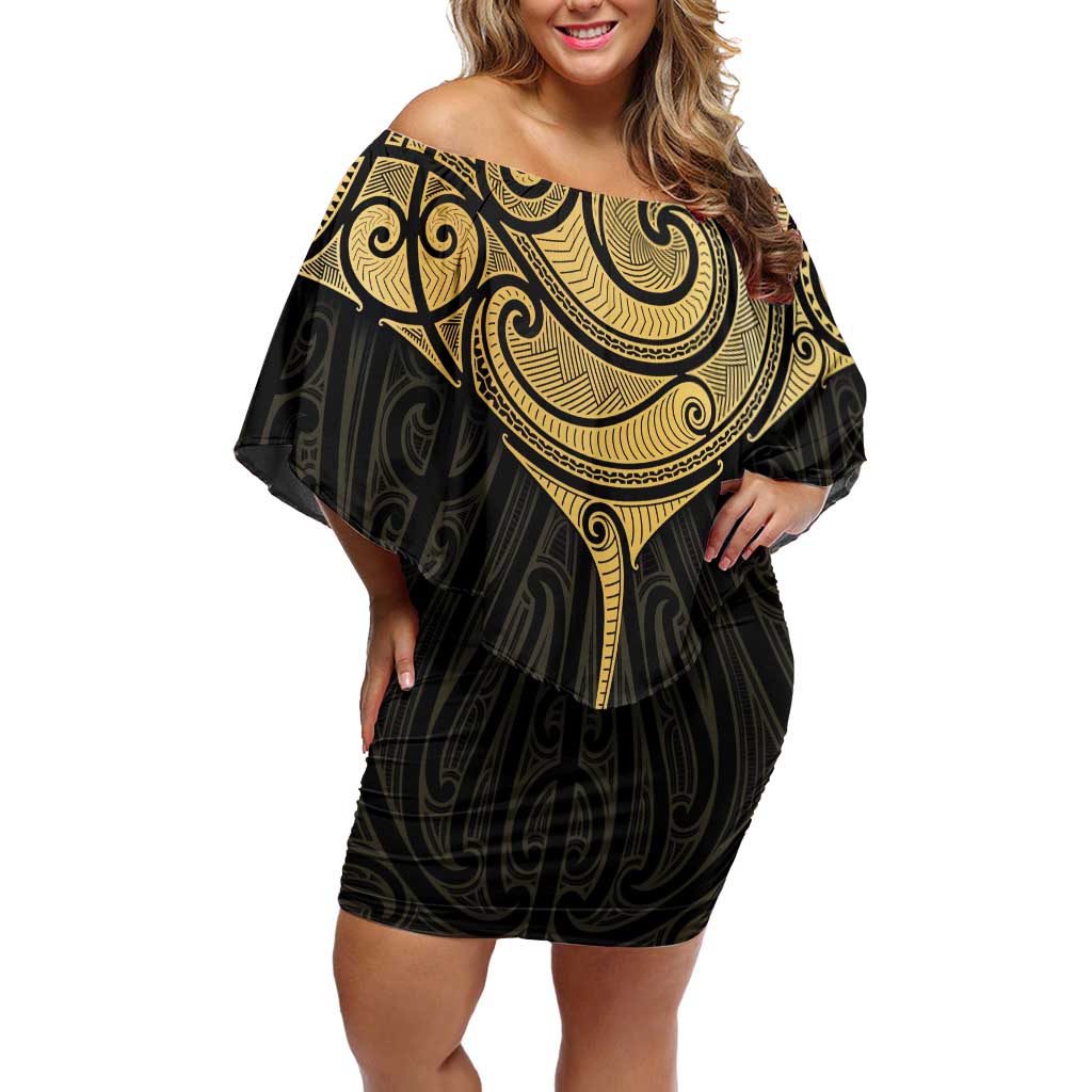 Gold Black New Zealand Manta Ray Off Shoulder Short Dress Aotearoa Maori Haehae - Aussie Hoodie