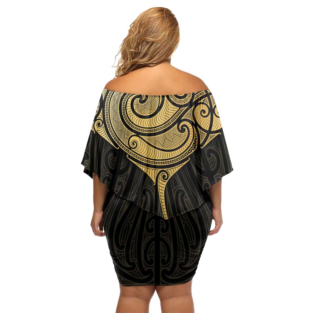 Gold Black New Zealand Manta Ray Off Shoulder Short Dress Aotearoa Maori Haehae - Aussie Hoodie