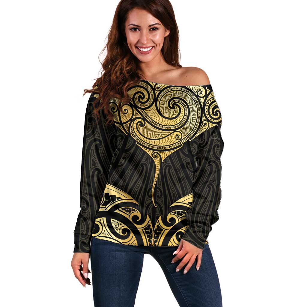 Gold Black New Zealand Manta Ray Off Shoulder Sweater Aotearoa Maori Haehae - Aussie Hoodie