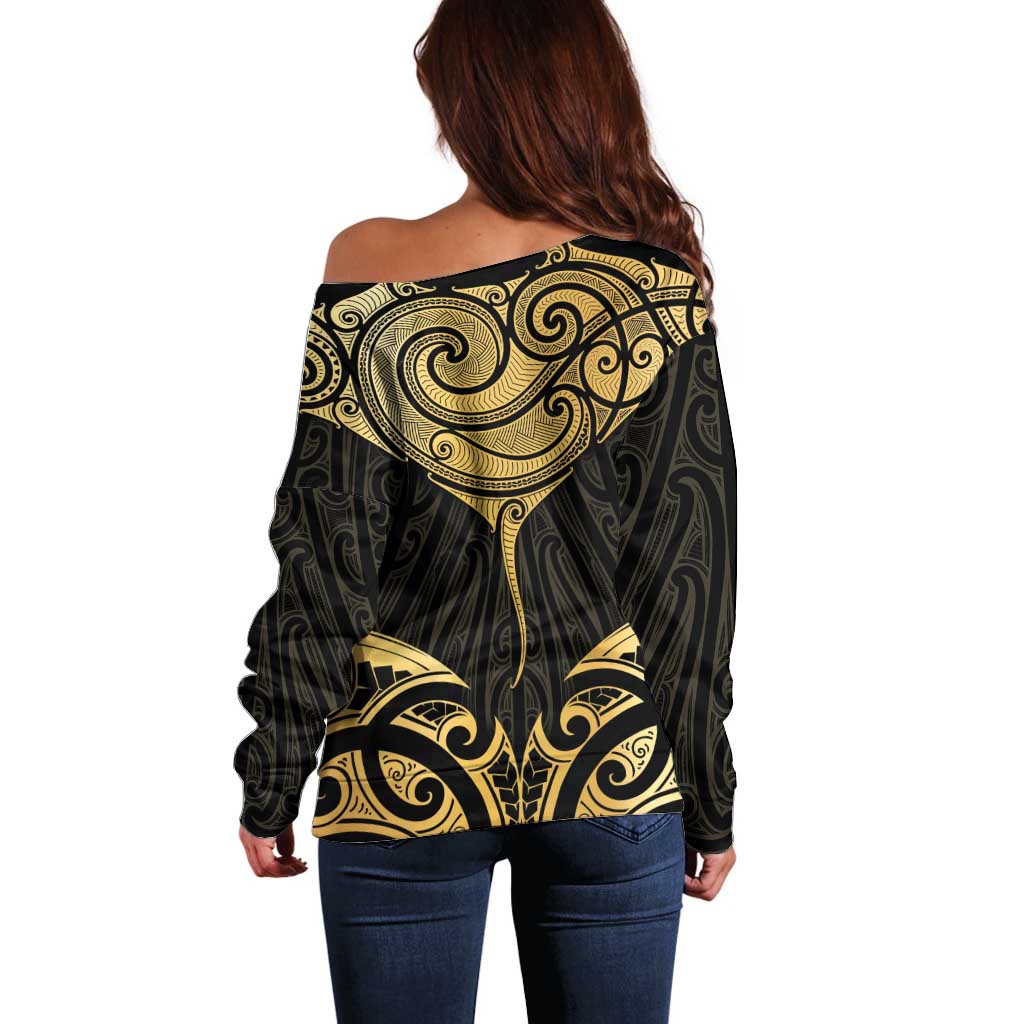 Gold Black New Zealand Manta Ray Off Shoulder Sweater Aotearoa Maori Haehae - Aussie Hoodie