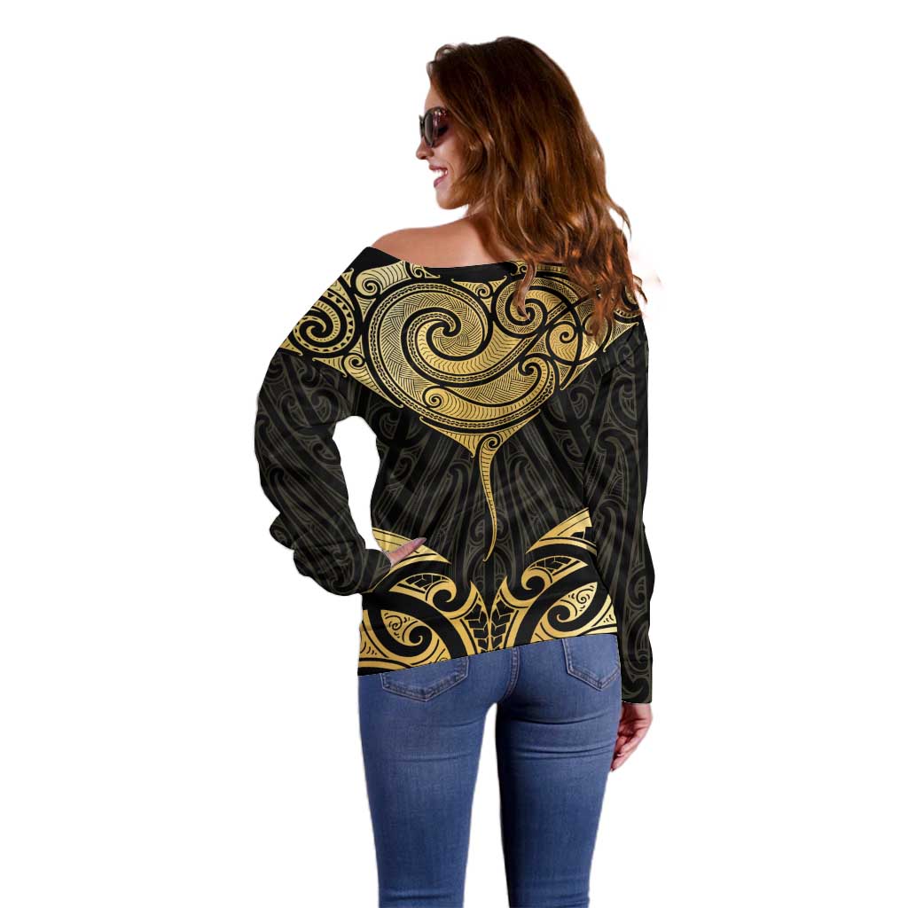 Gold Black New Zealand Manta Ray Off Shoulder Sweater Aotearoa Maori Haehae - Aussie Hoodie