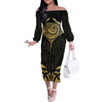 Gold Black New Zealand Manta Ray Off The Shoulder Long Sleeve Dress Aotearoa Maori Haehae - Aussie Hoodie