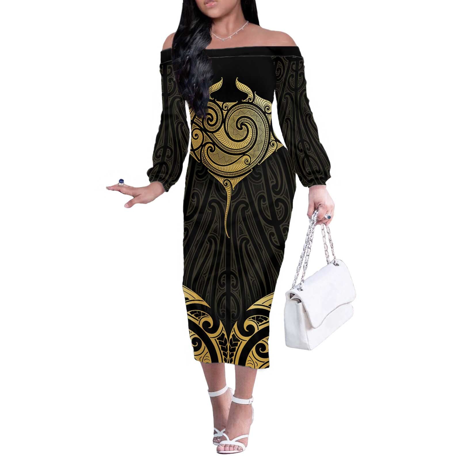 Gold Black New Zealand Manta Ray Off The Shoulder Long Sleeve Dress Aotearoa Maori Haehae - Aussie Hoodie