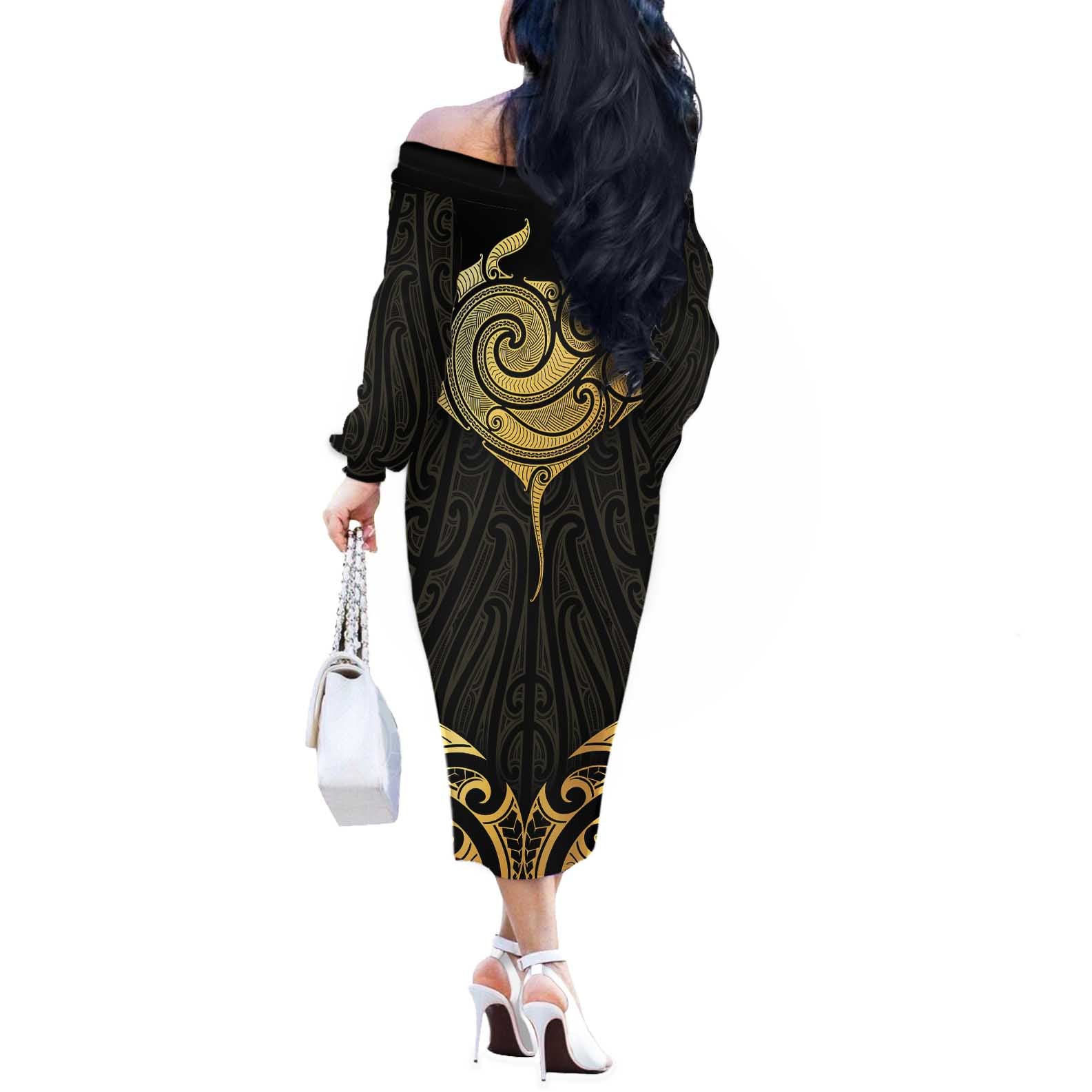 Gold Black New Zealand Manta Ray Off The Shoulder Long Sleeve Dress Aotearoa Maori Haehae - Aussie Hoodie