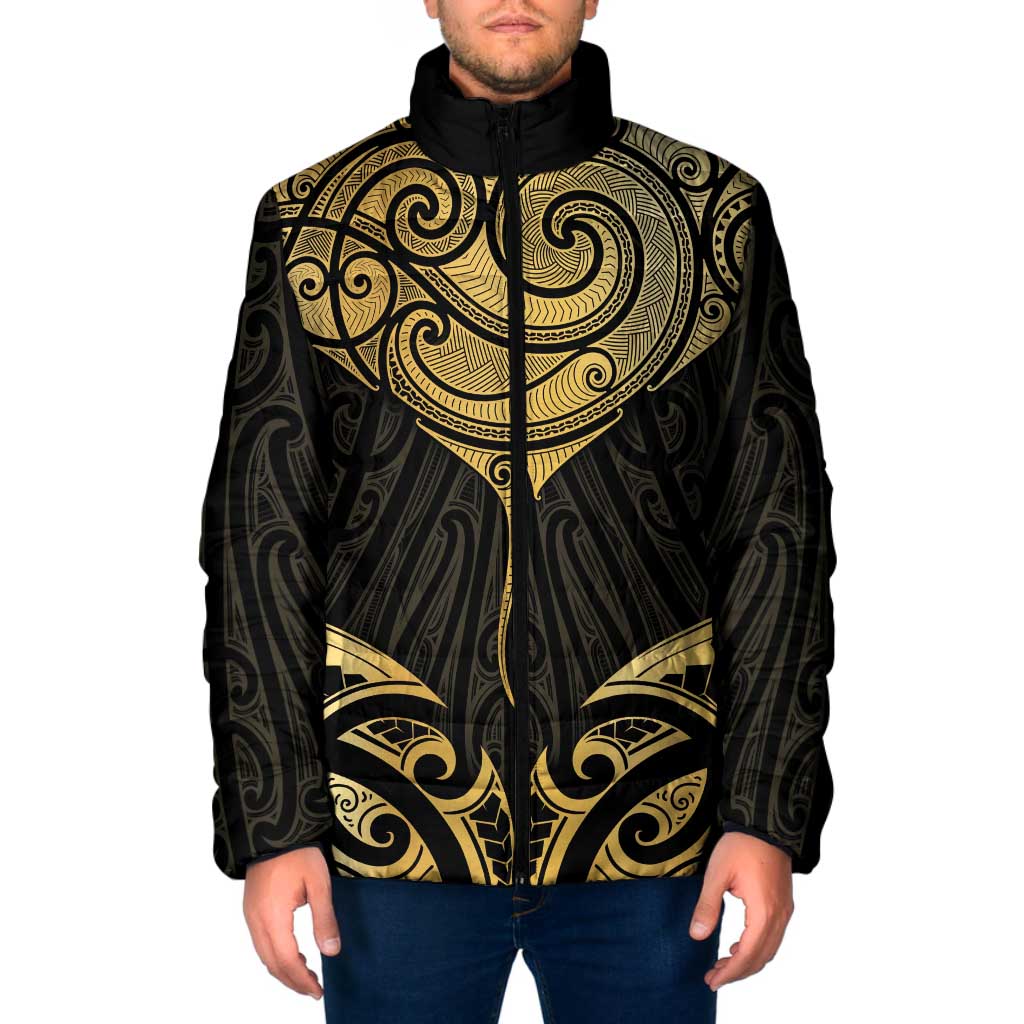 Gold Black New Zealand Manta Ray Padded Jacket Aotearoa Maori Haehae - Aussie Hoodie