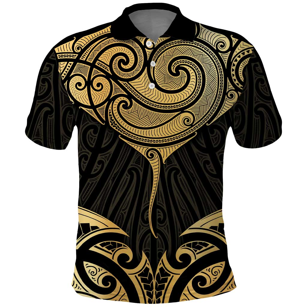 Gold Black New Zealand Manta Ray Polo Shirt Aotearoa Maori Haehae - Aussie Hoodie