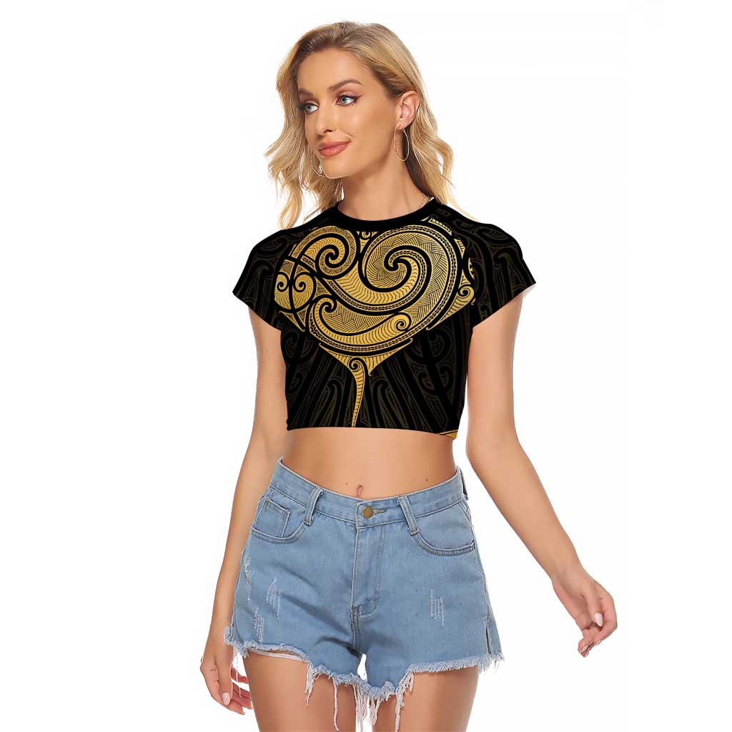 Gold Black New Zealand Manta Ray Raglan Cropped T Shirt Aotearoa Maori Haehae - Aussie Hoodie