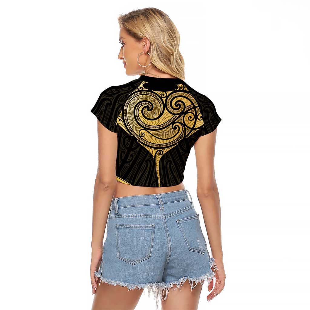 Gold Black New Zealand Manta Ray Raglan Cropped T Shirt Aotearoa Maori Haehae - Aussie Hoodie