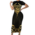 Gold Black New Zealand Manta Ray Short Sleeve Bodycon Dress Aotearoa Maori Haehae - Aussie Hoodie