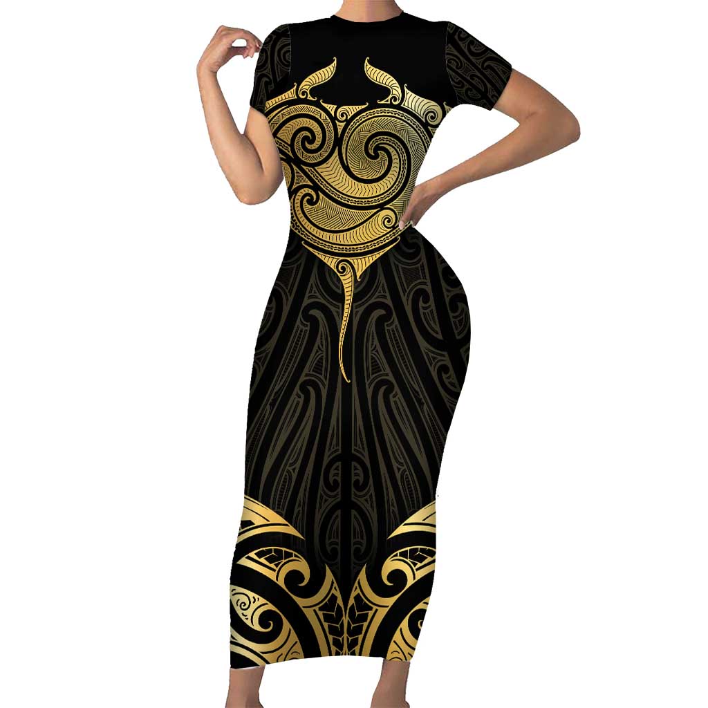 Gold Black New Zealand Manta Ray Short Sleeve Bodycon Dress Aotearoa Maori Haehae - Aussie Hoodie