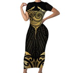 Gold Black New Zealand Manta Ray Short Sleeve Bodycon Dress Aotearoa Maori Haehae - Aussie Hoodie