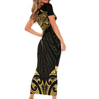 Gold Black New Zealand Manta Ray Short Sleeve Bodycon Dress Aotearoa Maori Haehae - Aussie Hoodie