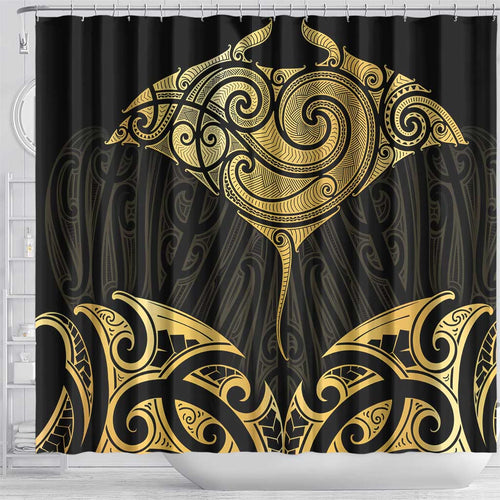 Gold Black New Zealand Manta Ray Shower Curtain Aotearoa Maori Haehae - Aussie Hoodie