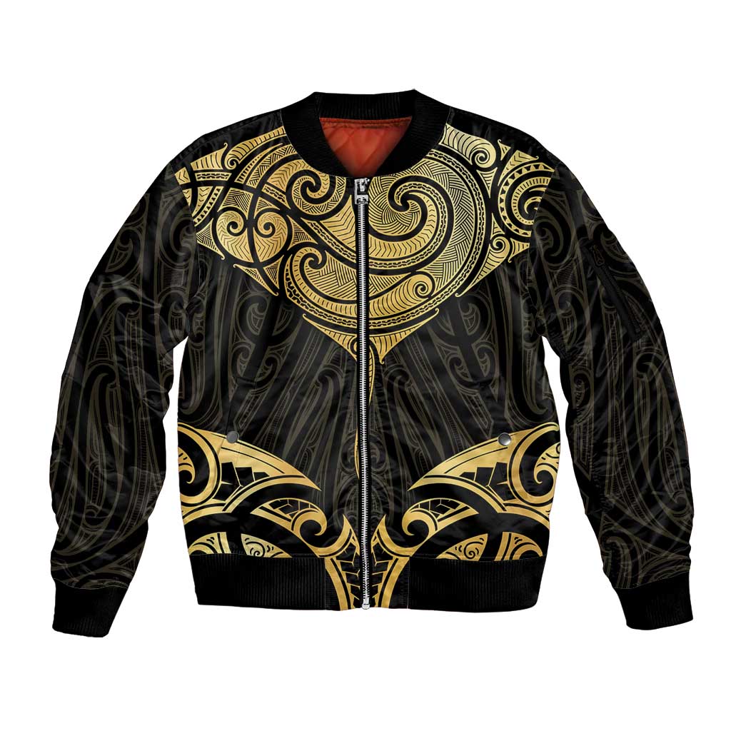 Gold Black New Zealand Manta Ray Sleeve Zip Bomber Jacket Aotearoa Maori Haehae - Aussie Hoodie