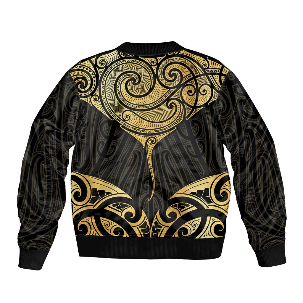 Gold Black New Zealand Manta Ray Sleeve Zip Bomber Jacket Aotearoa Maori Haehae - Aussie Hoodie