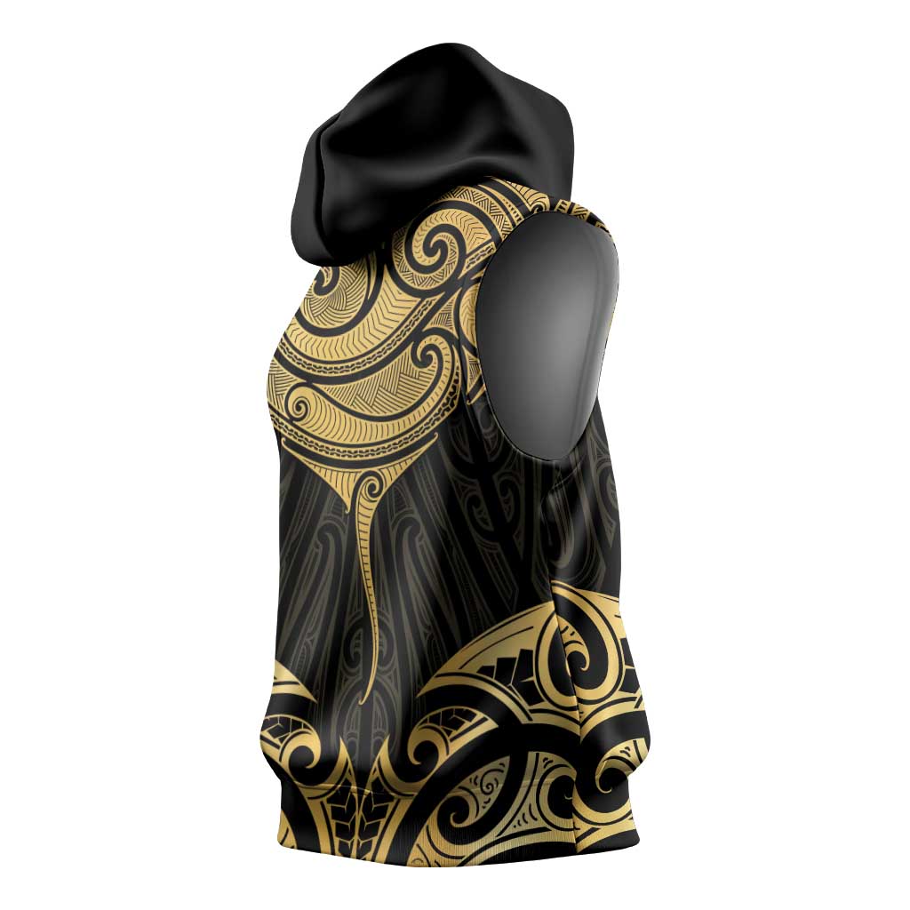 Gold Black New Zealand Manta Ray Sleeveless Hoodie Aotearoa Maori Haehae - Aussie Hoodie