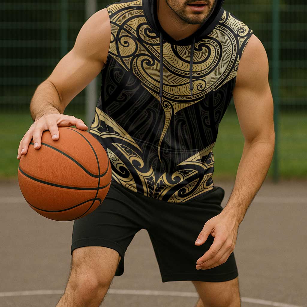 Gold Black New Zealand Manta Ray Sleeveless Hoodie Aotearoa Maori Haehae - Aussie Hoodie