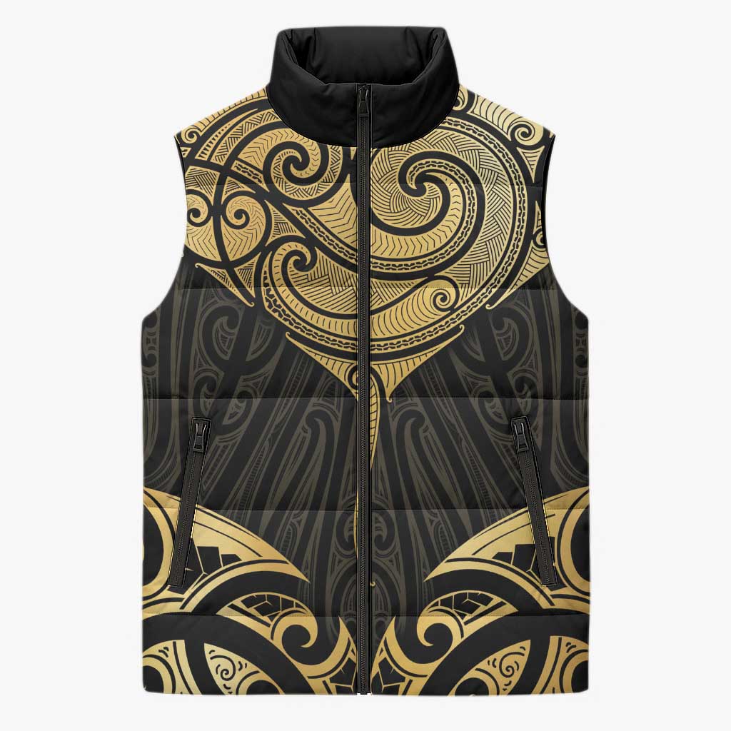 Gold Black New Zealand Manta Ray Sleeveless Puffer Jacket Aotearoa Maori Haehae - Aussie Hoodie